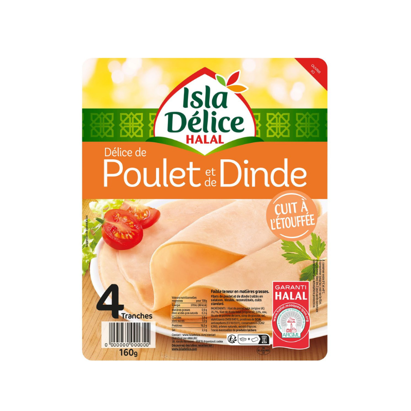 Isla Délice Jambon de poulet et dinde cuit à l'étouffée en tranches 160g Isla Délice Jambon de poulet et dinde cuit à l'étouffée en tranches 160g
